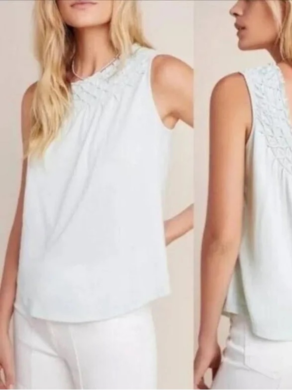 Anthropologie White Smocked Yoke Sleeveless Camisole